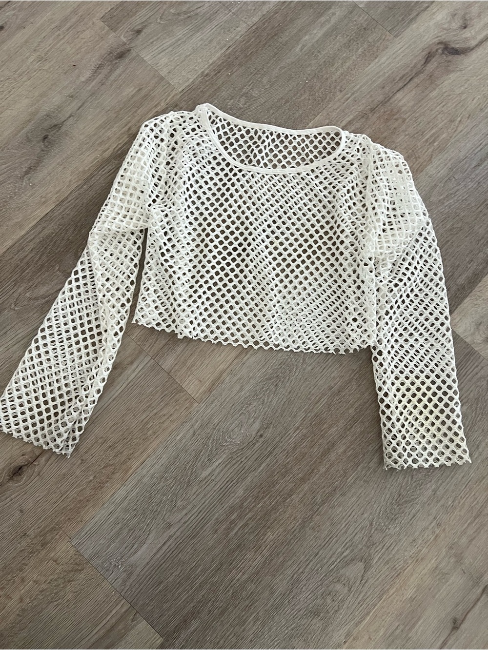 White Open-Weave Mesh Long Sleeve Crop Top